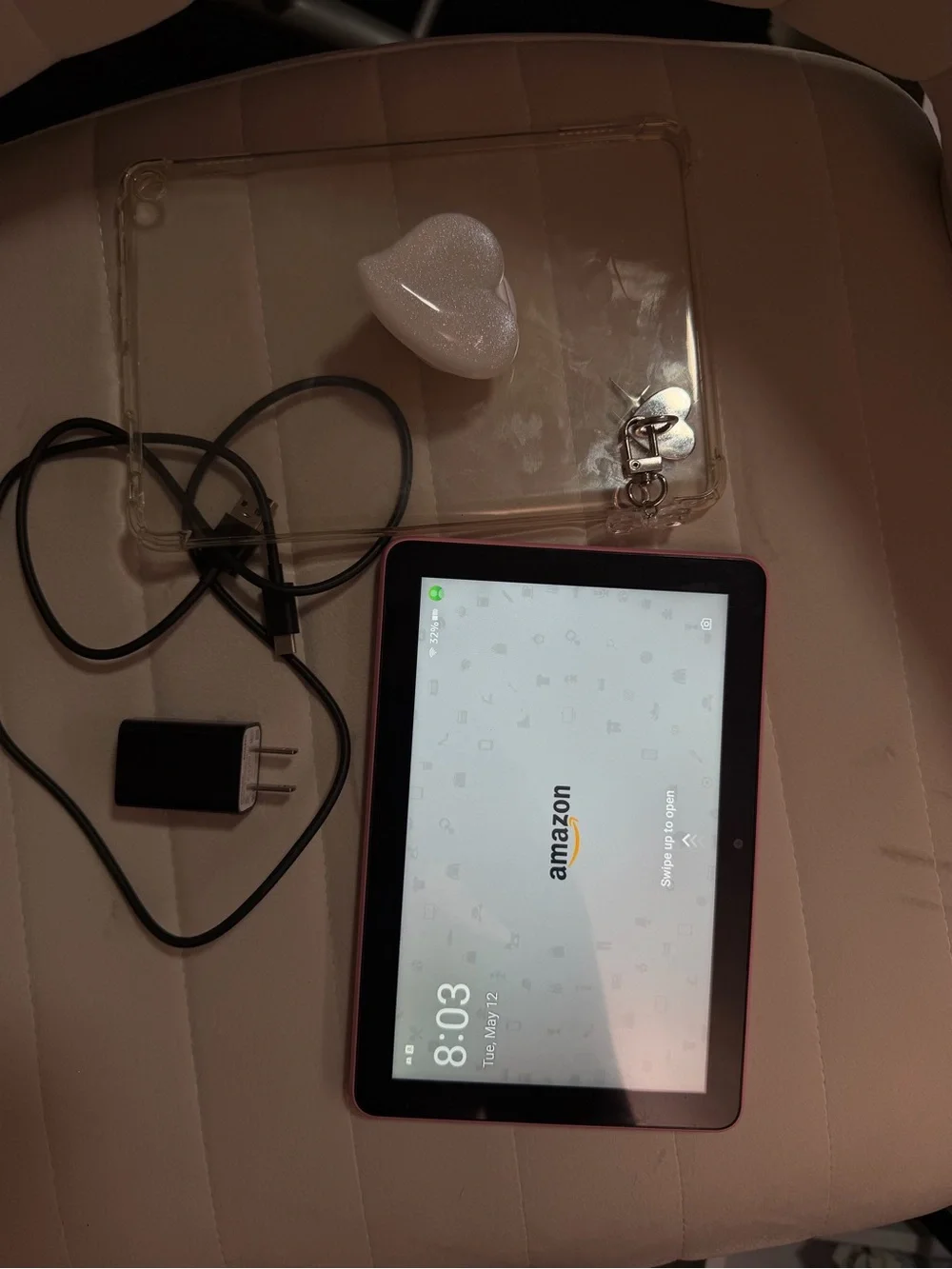 Amazon Pink kindle Fire 8 Tablet with Charger and Clear Protective Case